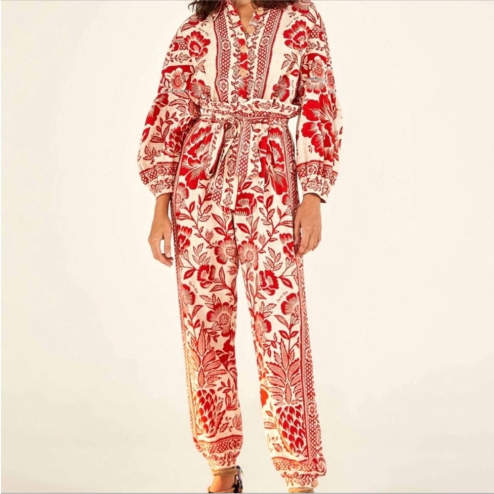 FARM Rio Pineapple Garden Jumpsuit Red Cream Floral Wide-Leg Long Sleeve NWT S